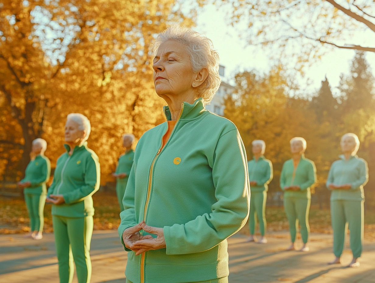 Група пенсіонерів займається йогою на свіжому повітрі