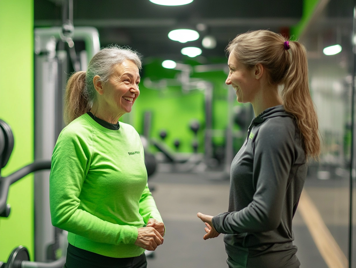 Щаслива пенсіонерка з тренером обговорюють результати тренувань