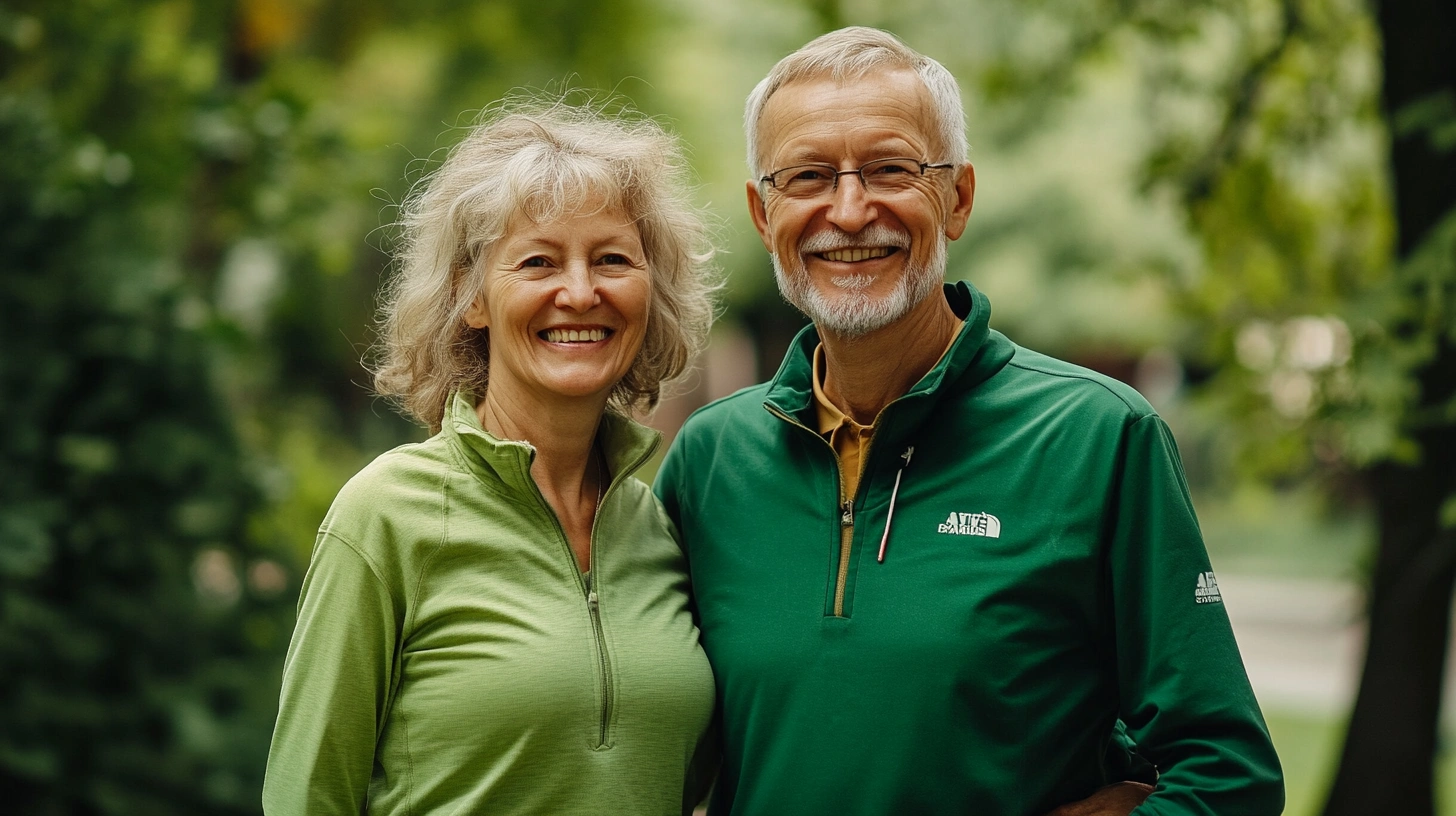 Щаслива активна пара пенсіонерів займається спортом на природі