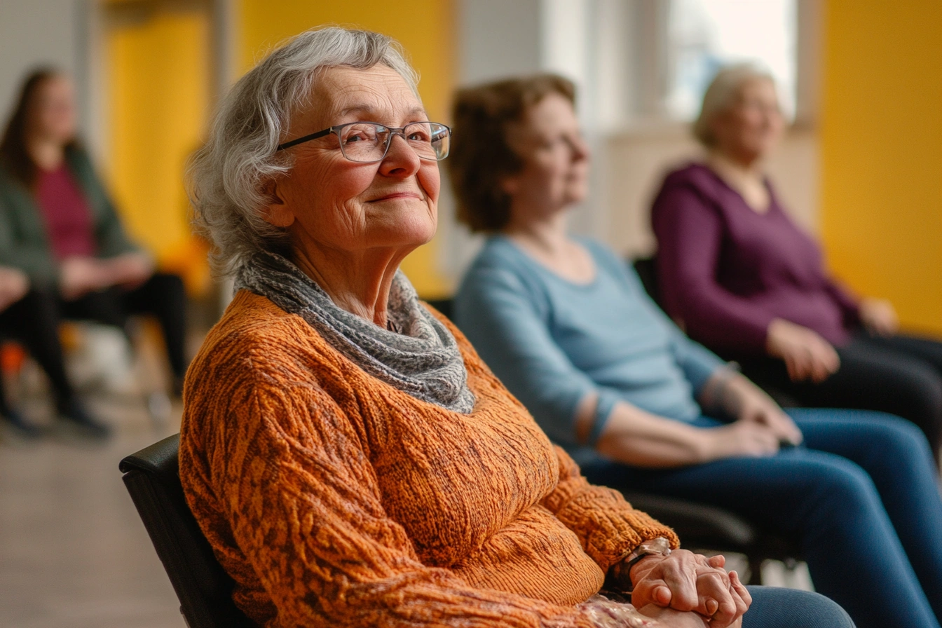 Група пенсіонерів виконує вправи на стільцях