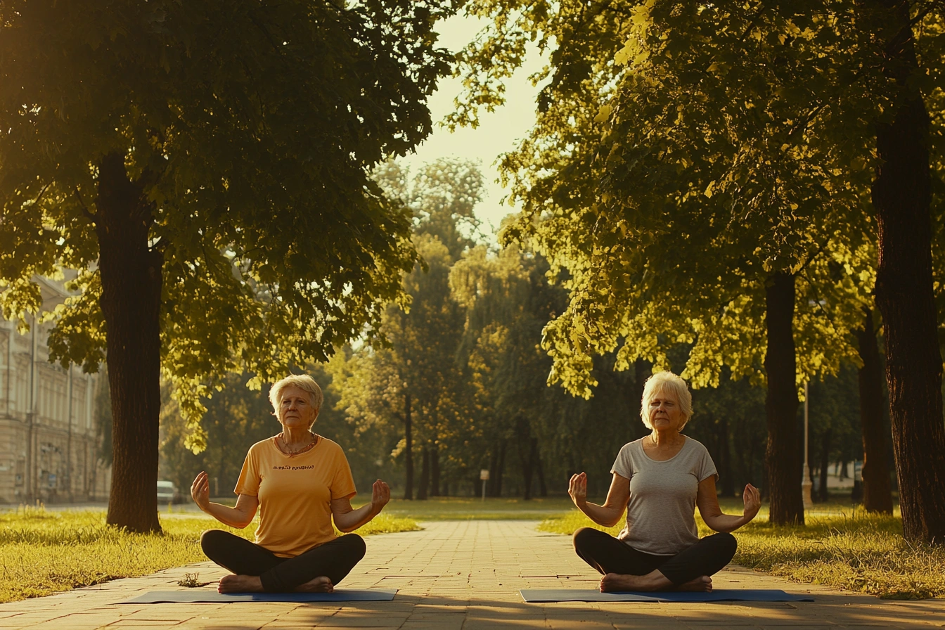 Пенсіонери практикують йогу в парку